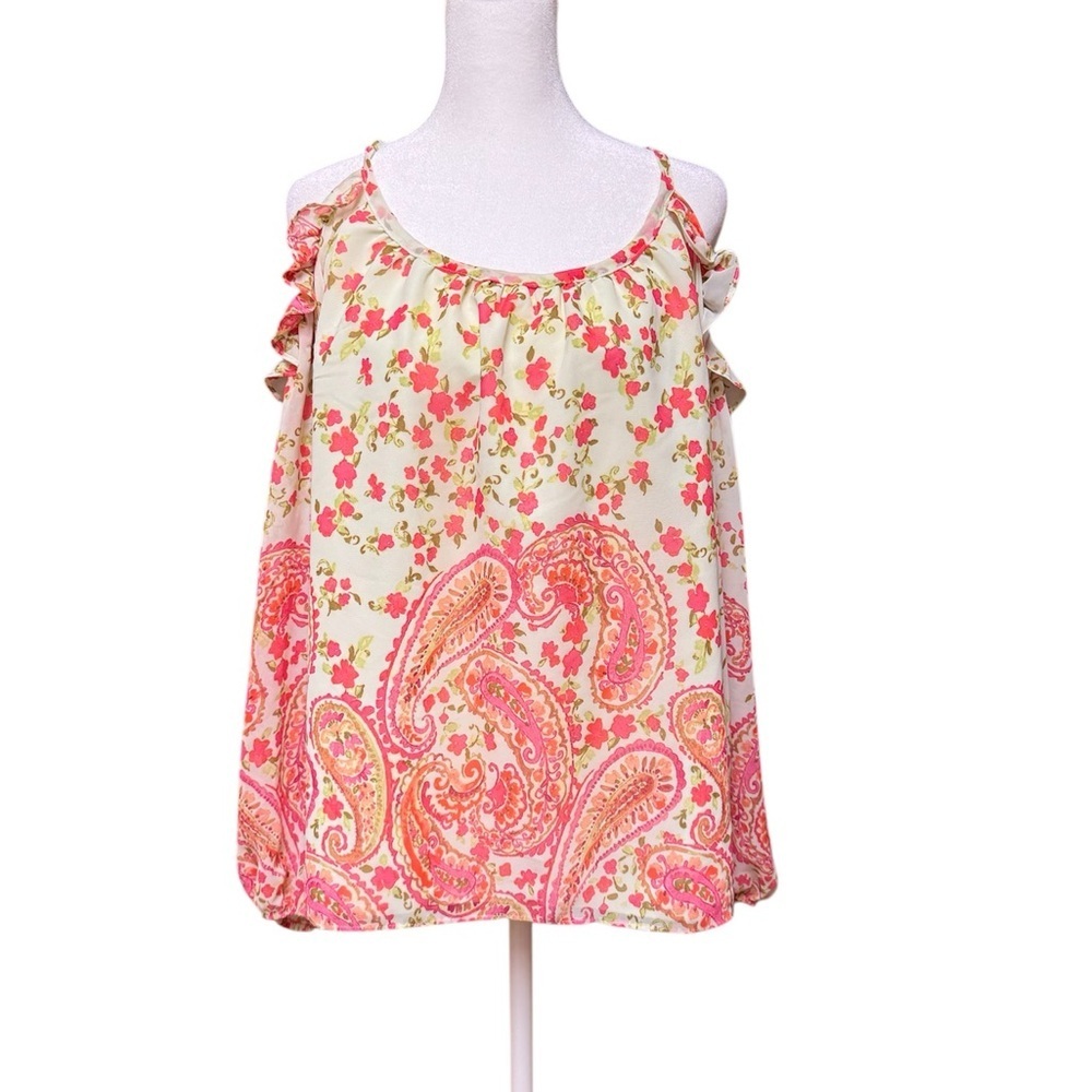 CeCe Cold Shoulder Boho Blouse | Size Large | Pink Paisley Floral | Off-Shoulder